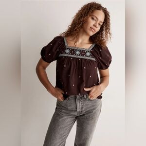 Madewell Embroidered Crinkle Cotton Bubble Sleeve Top